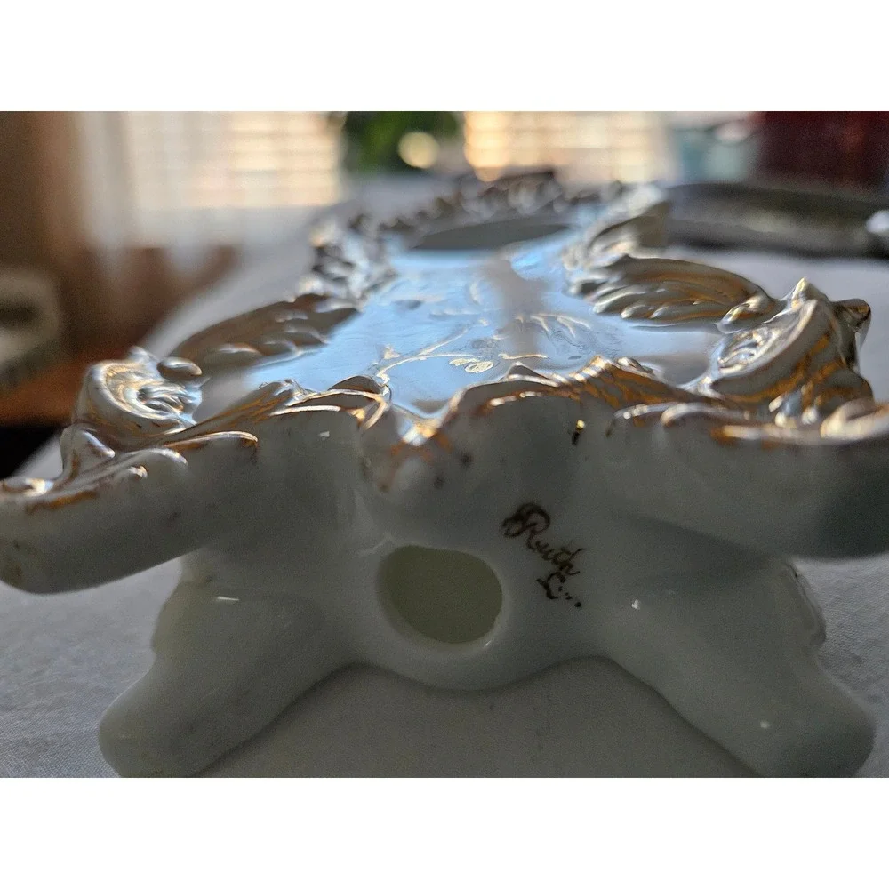 Antique Porcelain Victorian Inkwell white‎  gold accents colorful